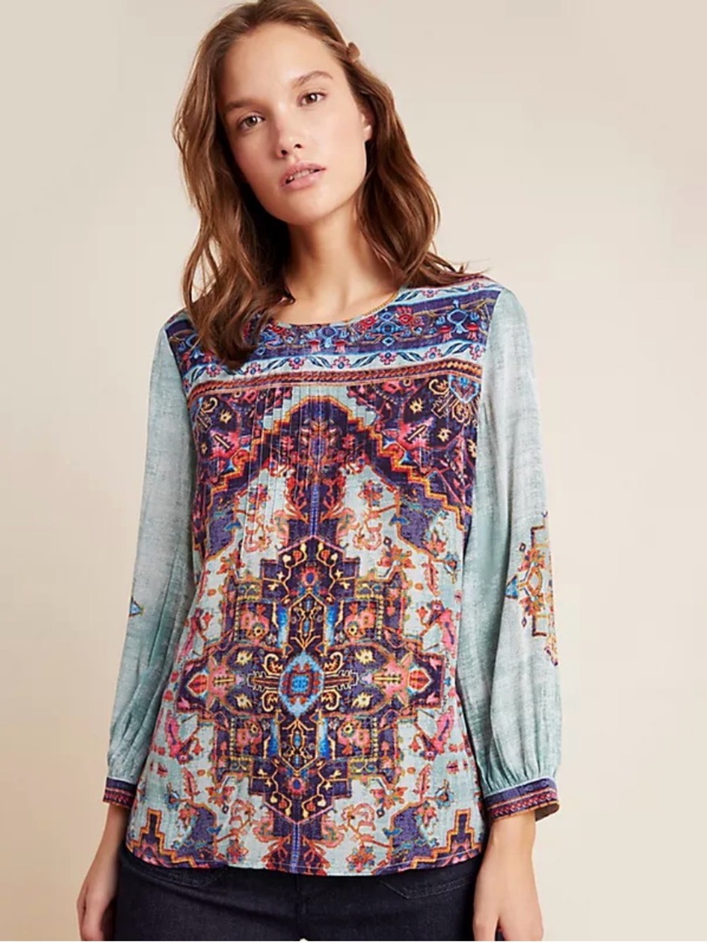 Anthropologie Vineet Bahl Prudence Peasant Print Long Sleeve Boho Top| M